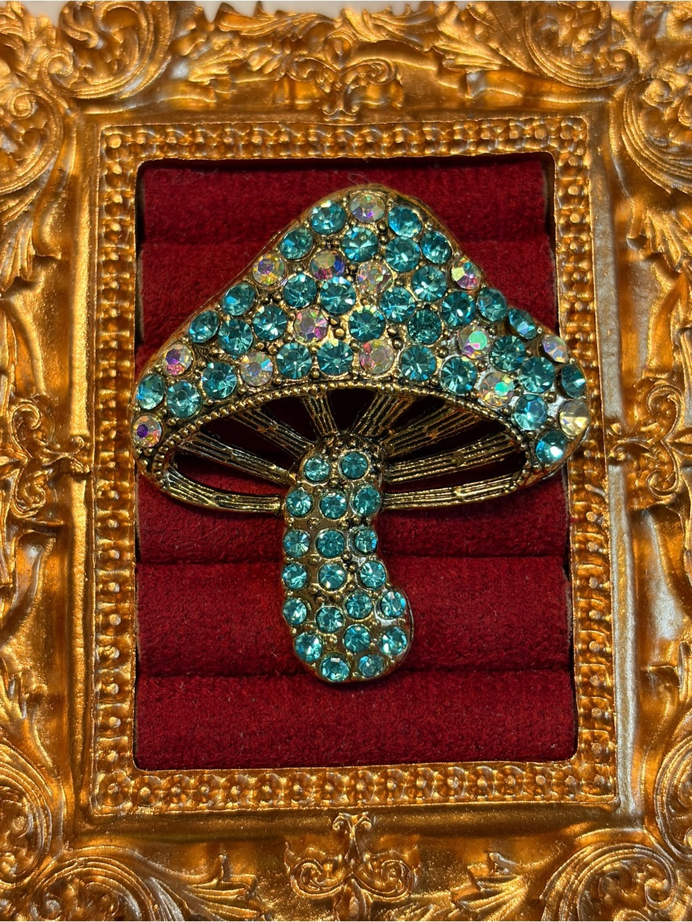 Blue Crystal Mushroom Fairycore Brooch Pin Gold Tone
